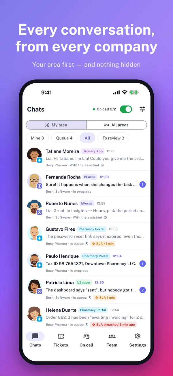 Conversation list from several companies in the app