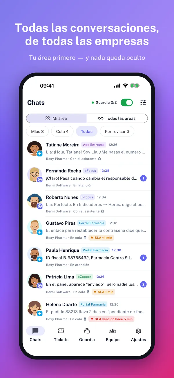 Lista de conversaciones de varias empresas en la app
